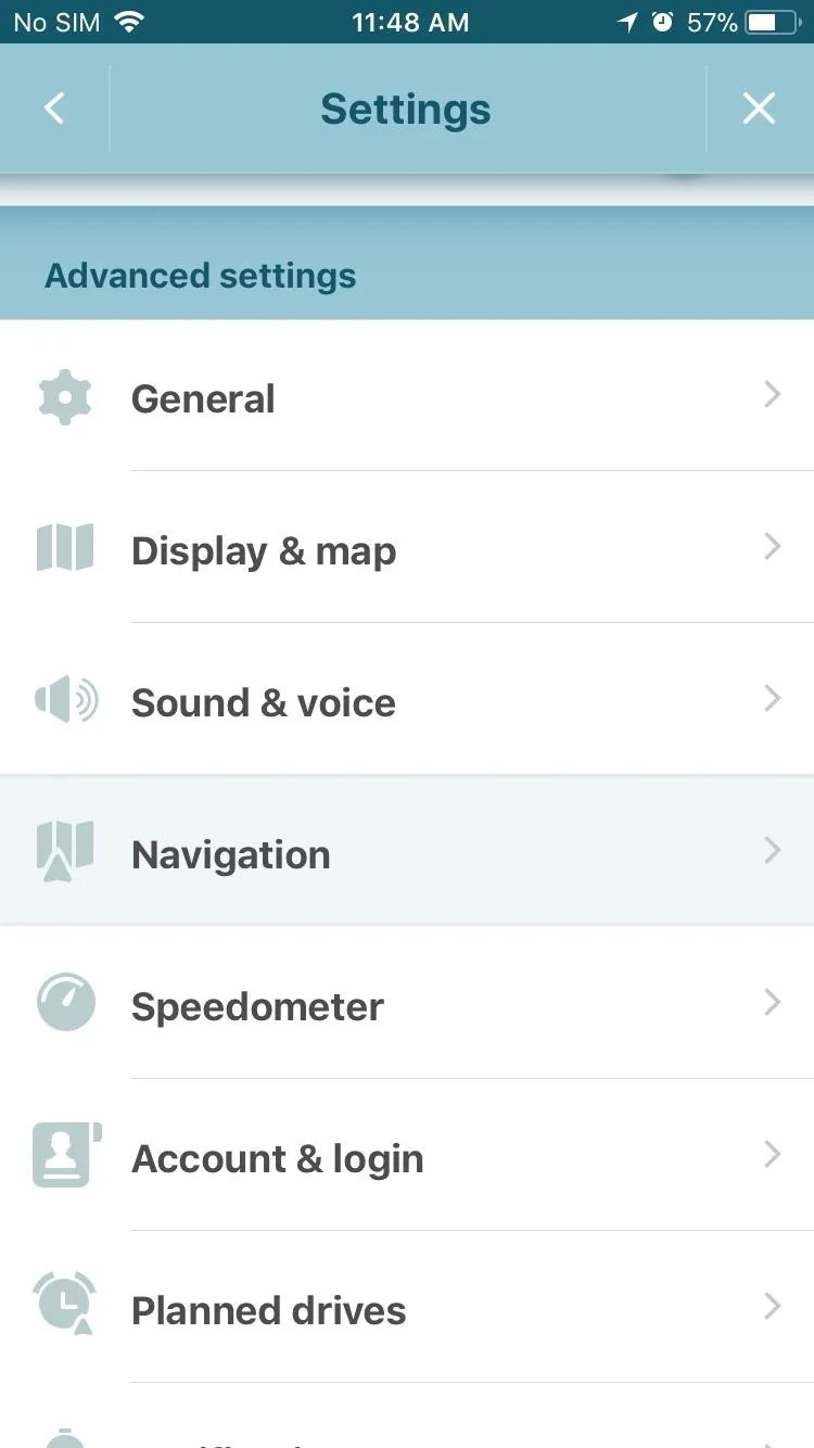 Settings menu options including General, Display & map, Sound & voice, Navigation, Speedometer, Account & login, and Planned drives.