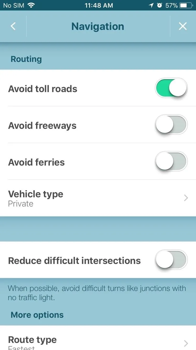 Navigation settings for route preferences.