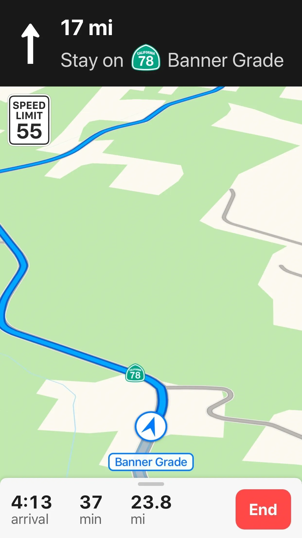 Navigation map indicating a route with remaining distance and estimated time.