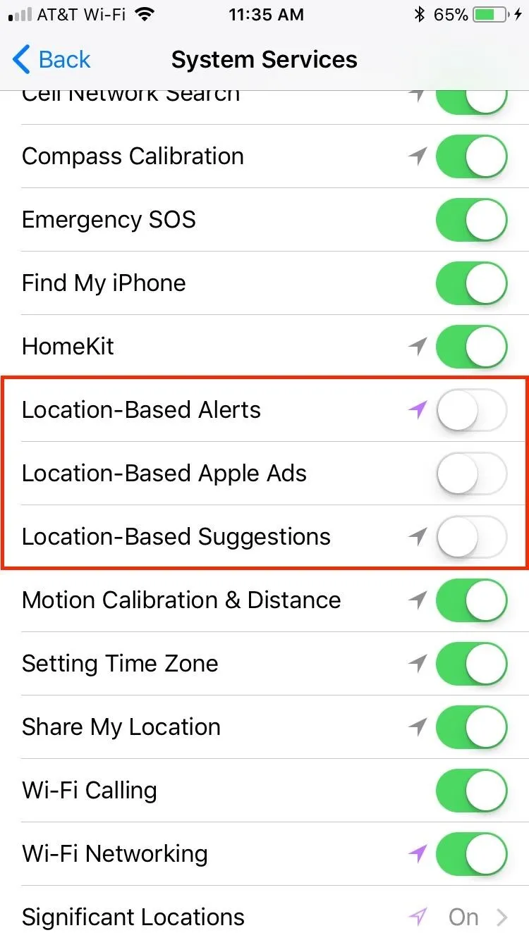 Settings for location-based services on a mobile device.