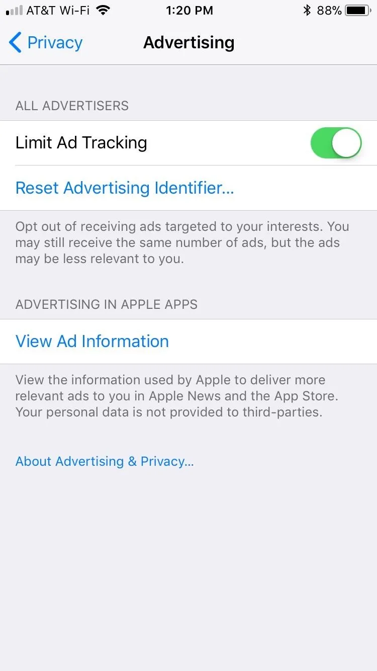 Advertising settings screen with options for limiting ad tracking and managing ad information.