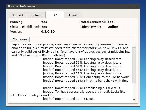 Tor network performance monitor interface showing connection status and details about circuit establishment.