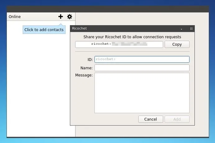 Connection request window for Ricochet ID with fields for ID, Name, and Message.