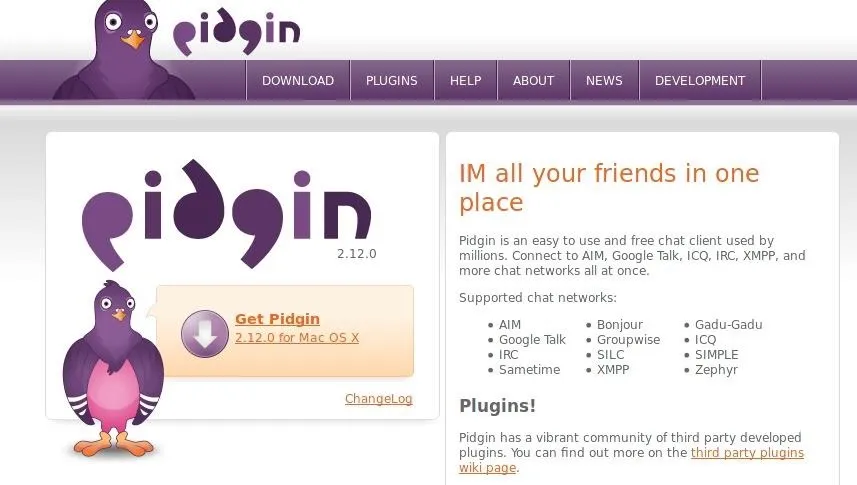 Pidgin instant messaging client homepage screenshot.