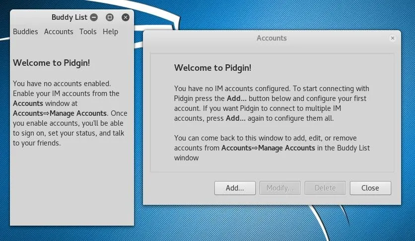 Welcome screen of Pidgin instant messaging application with account setup instructions.