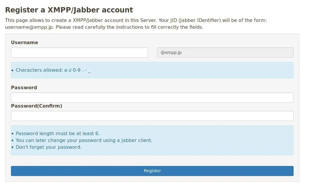 Registration form for an XMPP/Jabber account.