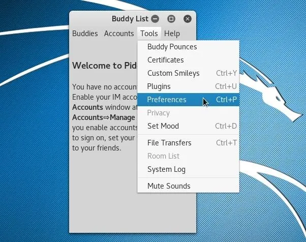 Screenshot of a software interface displaying a buddy list and various menu options including preferences and system log.