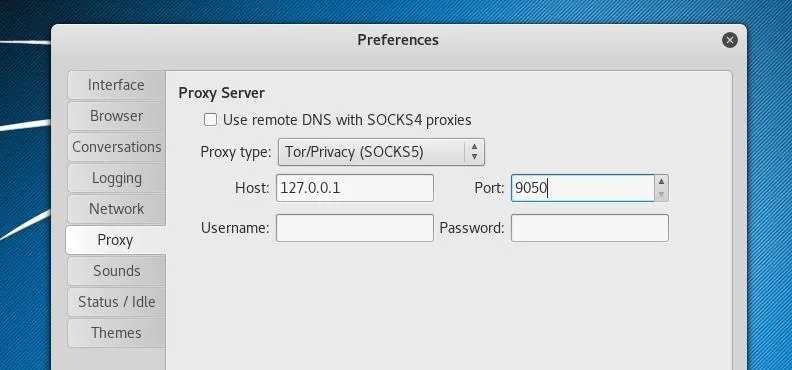 Proxy server settings interface with fields for host, port, username, and password.