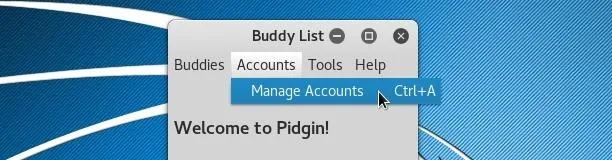 Screenshot of the Pidgin messaging application showing the Buddy List menu with 'Manage Accounts' selected.