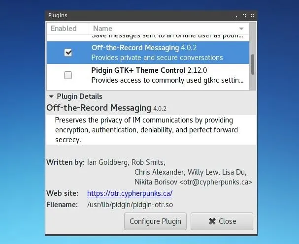 Off-the-Record Messaging plugin details and version information.