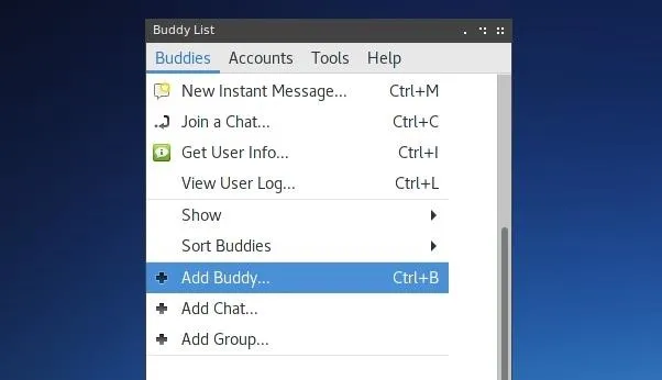 Buddy List with options for messaging, user info, and adding a buddy.