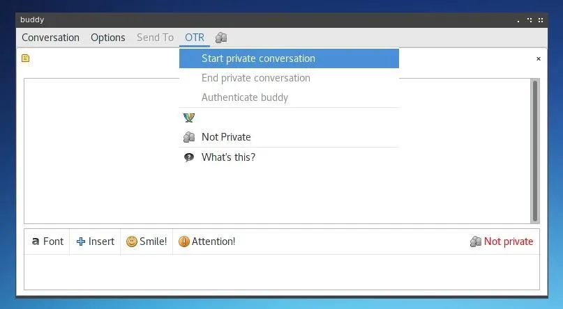 Screenshot of a desktop messaging application with options for starting a conversation, ending a private conversation, and additional features.