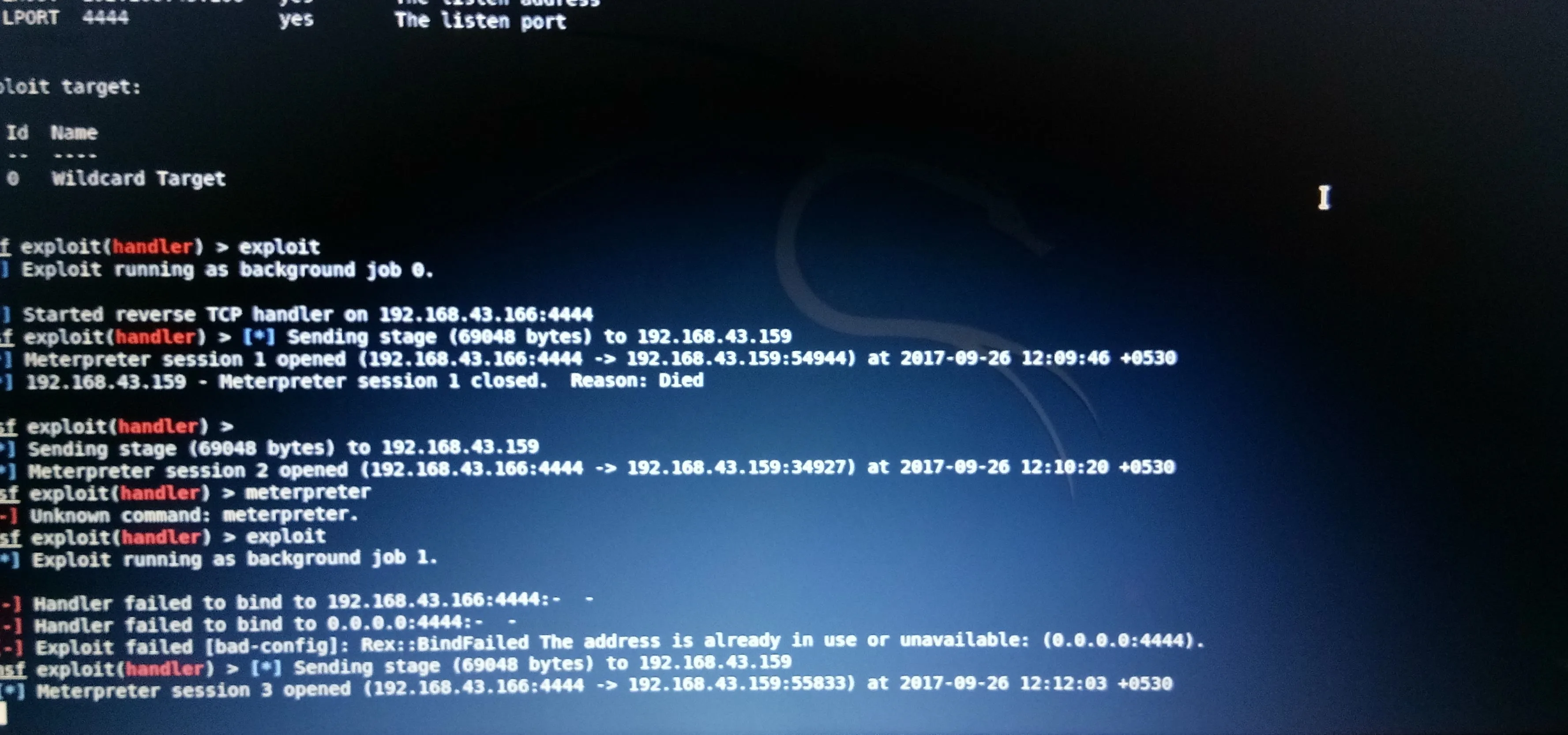 Terminal displaying network scan results and commands.