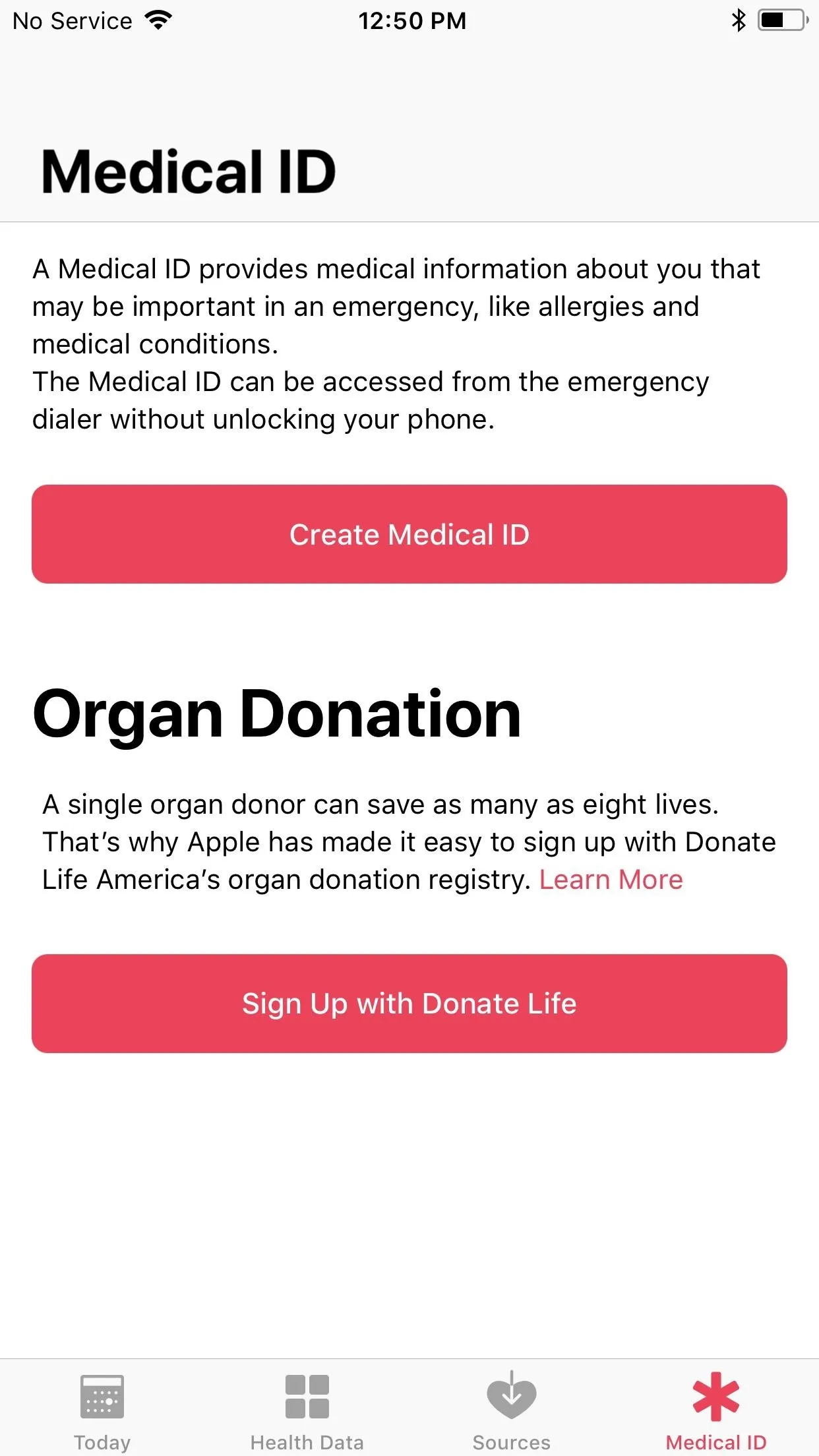 Medical ID and Organ Donation information interface on a mobile device.