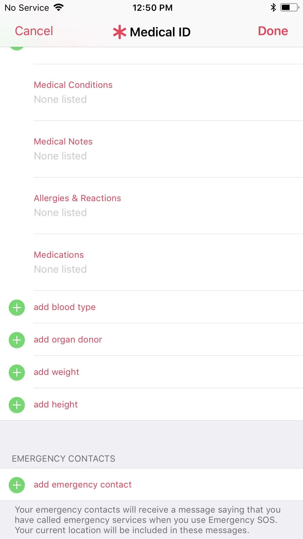 Medical information screen with conditions, medications, and emergency contacts.