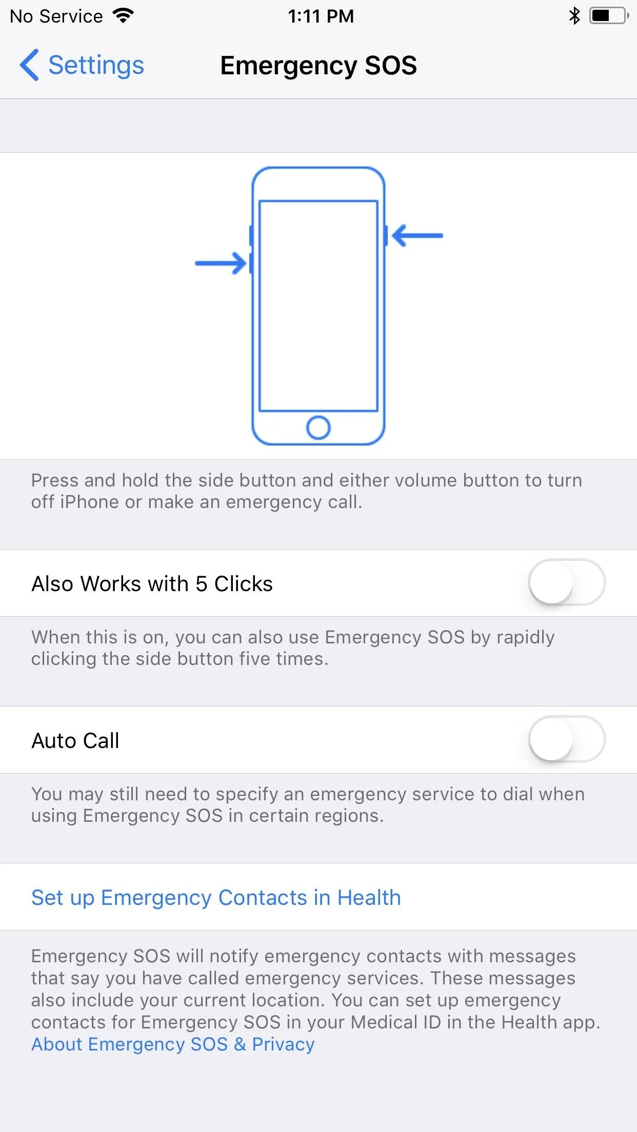 iPhone emergency settings screen showing options for emergency SOS and contacts.