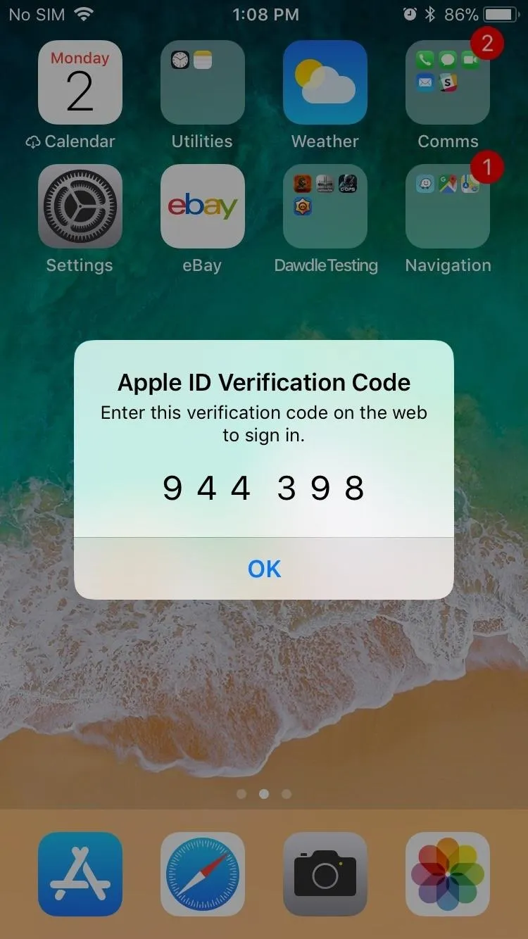 Apple ID verification code input screen with six-digit code.