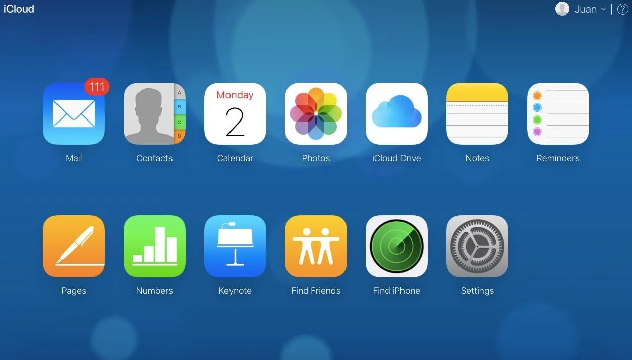 iCloud app interface showcasing various application icons such as Mail, Contacts, Calendar, Photos, and more.