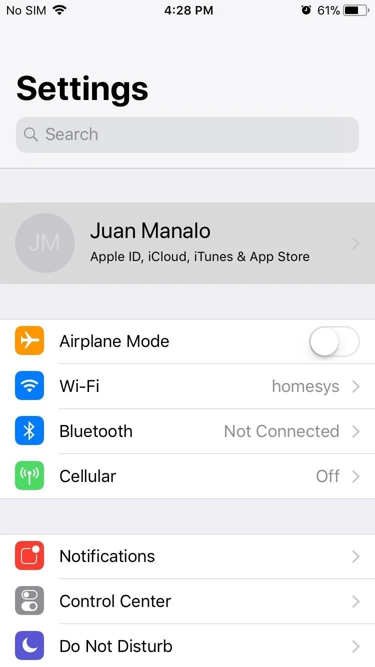 Settings menu on an iPhone displaying options such as Airplane Mode, Wi-Fi, Bluetooth, and Cellular.