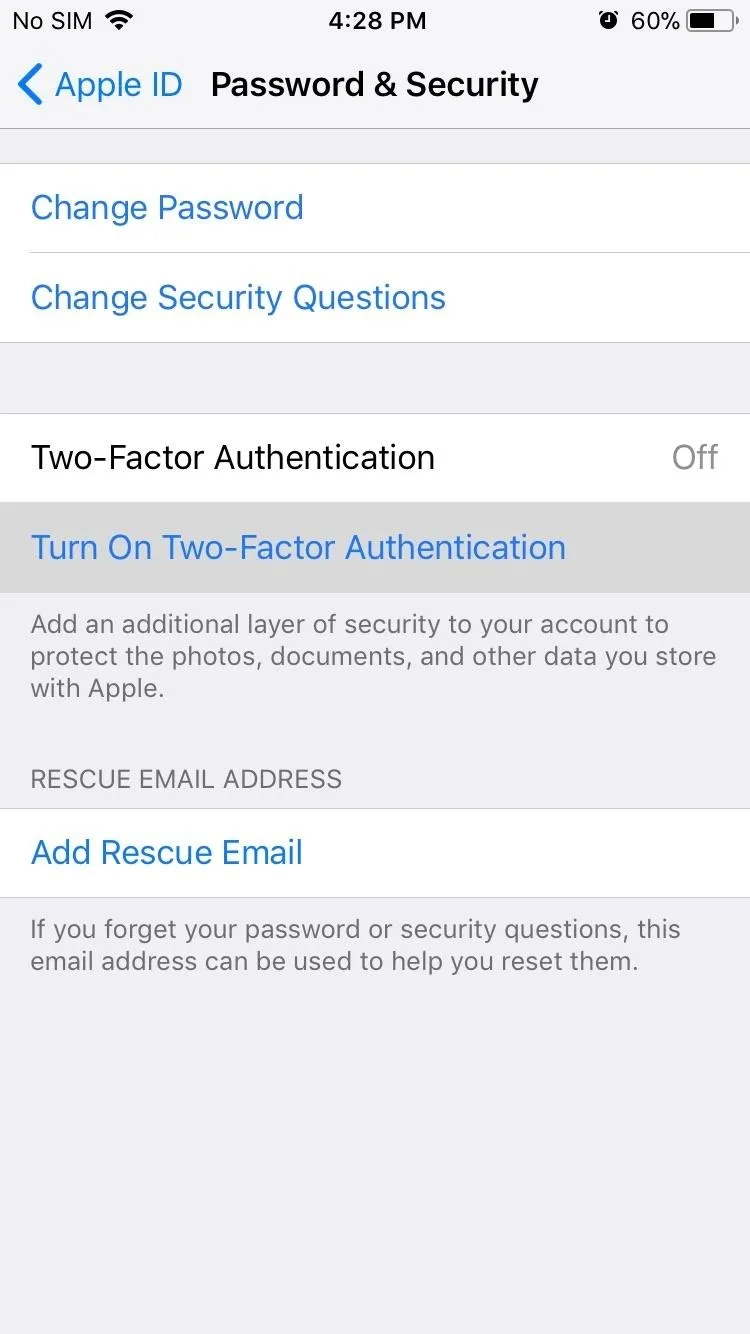 Two-Factor Authentication settings on an Apple device