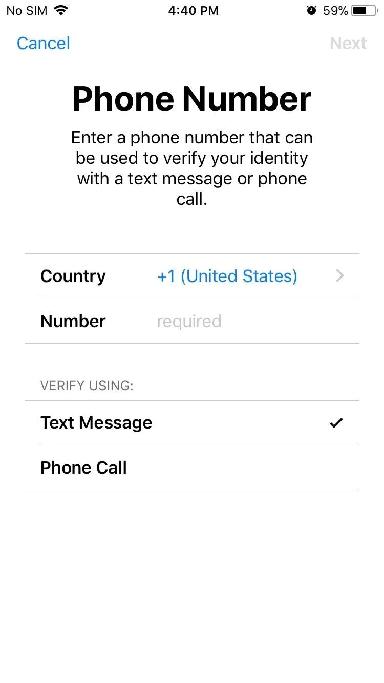 Phone number verification input form on a mobile device.