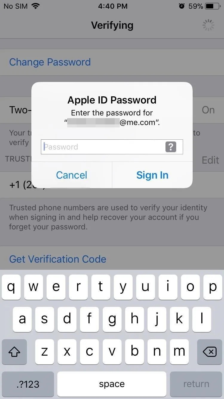 Apple ID password entry screen on a mobile device.