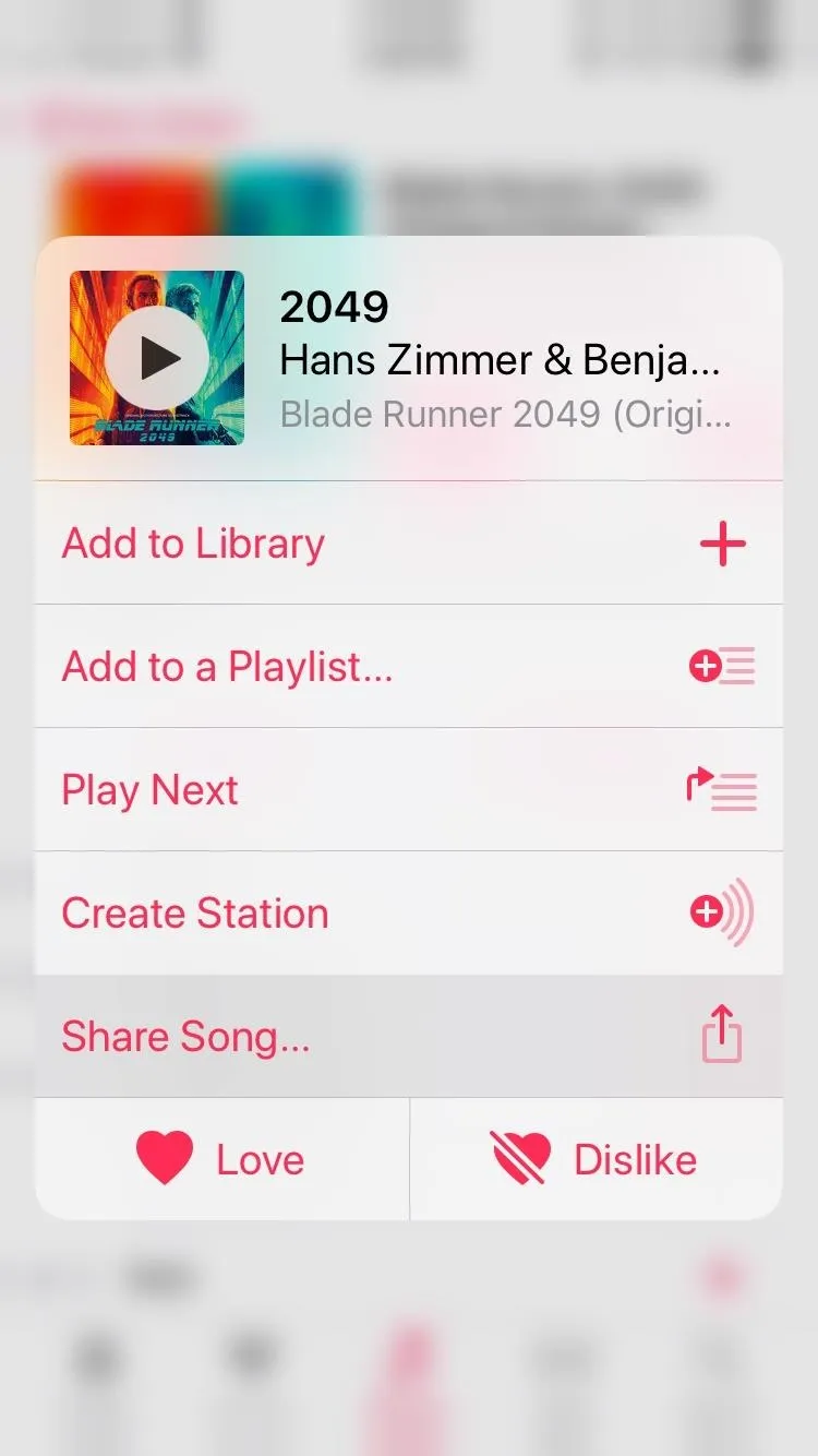 Music player interface featuring options to add songs to a library, create a playlist, or share a song.