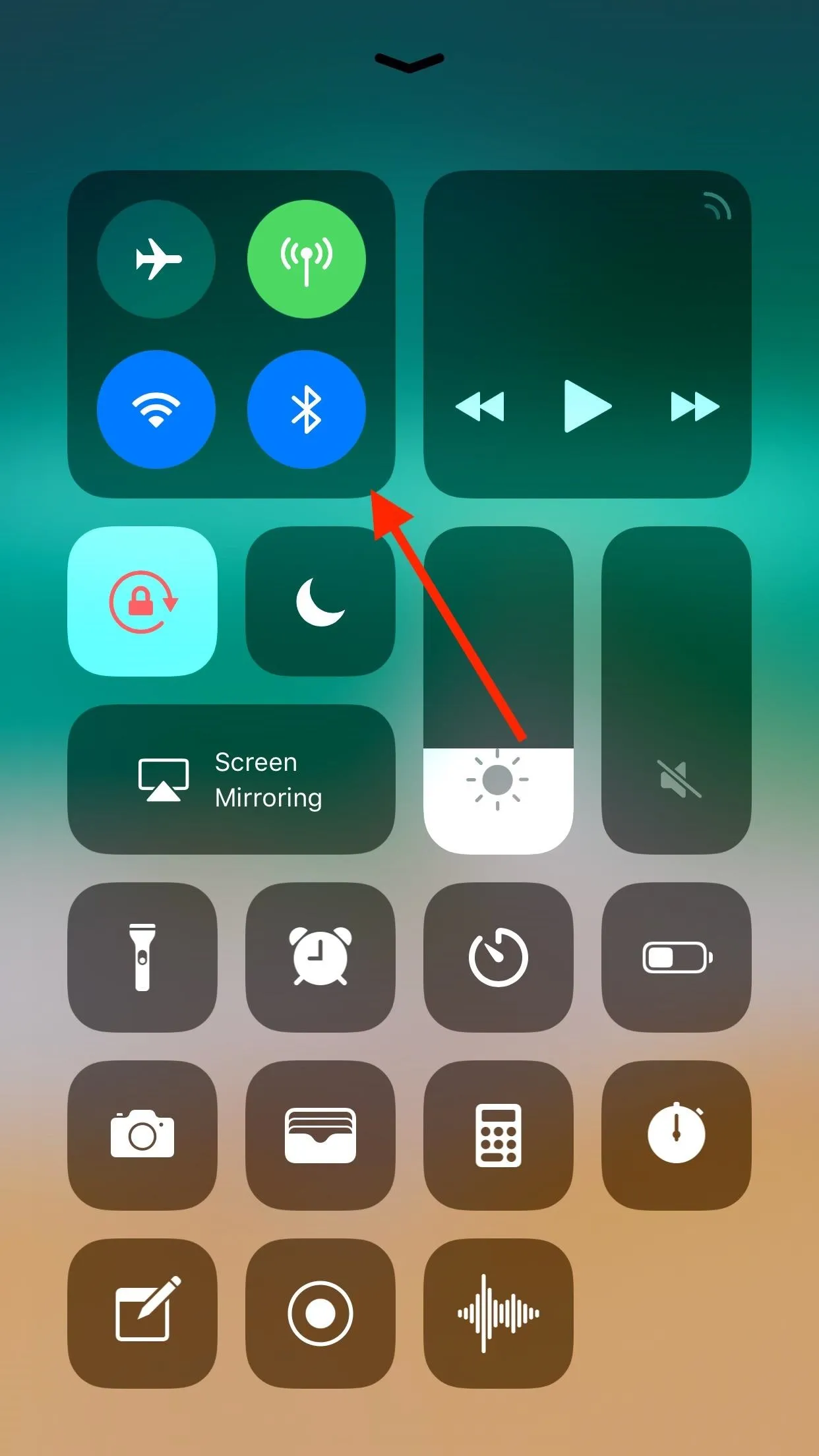 Control Center interface on a smartphone displaying various settings and options.