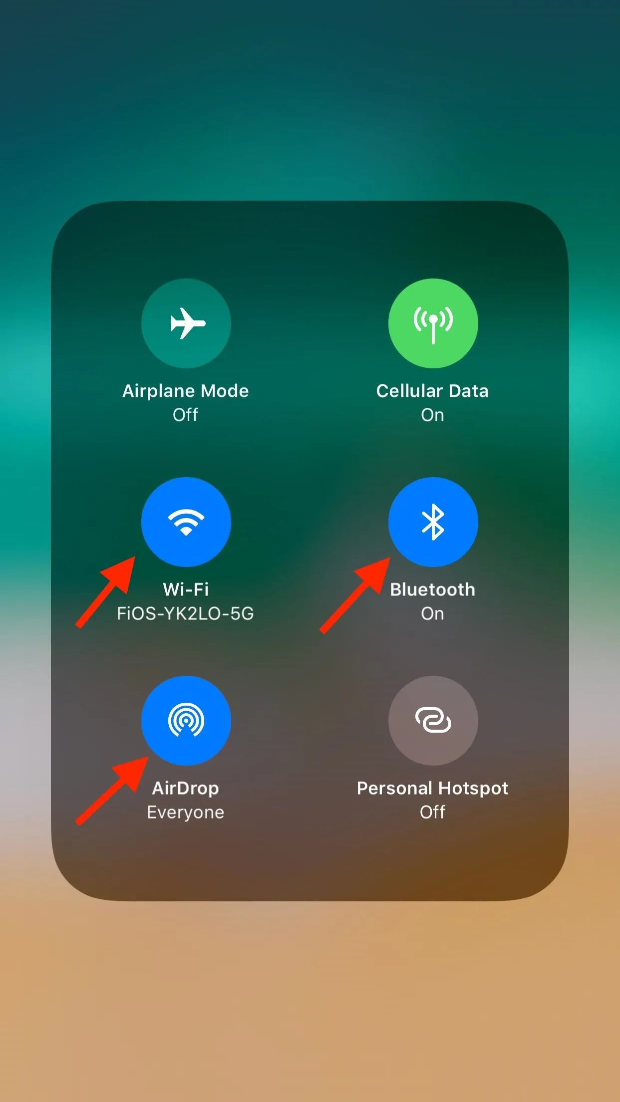 Mobile device settings interface with highlighted icons for Airplane Mode, Wi-Fi, Bluetooth, and Personal Hotspot.