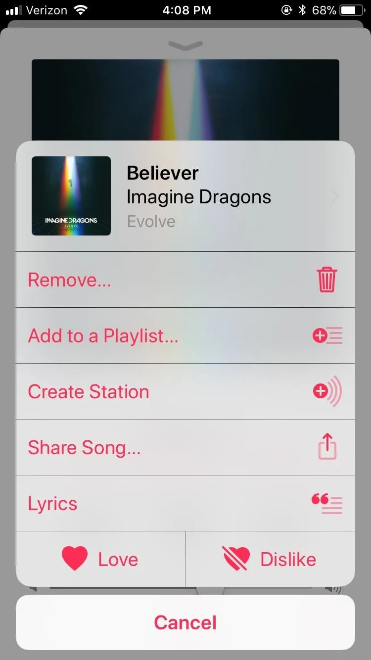 Song options menu for "Believer" by Imagine Dragons on a music app.