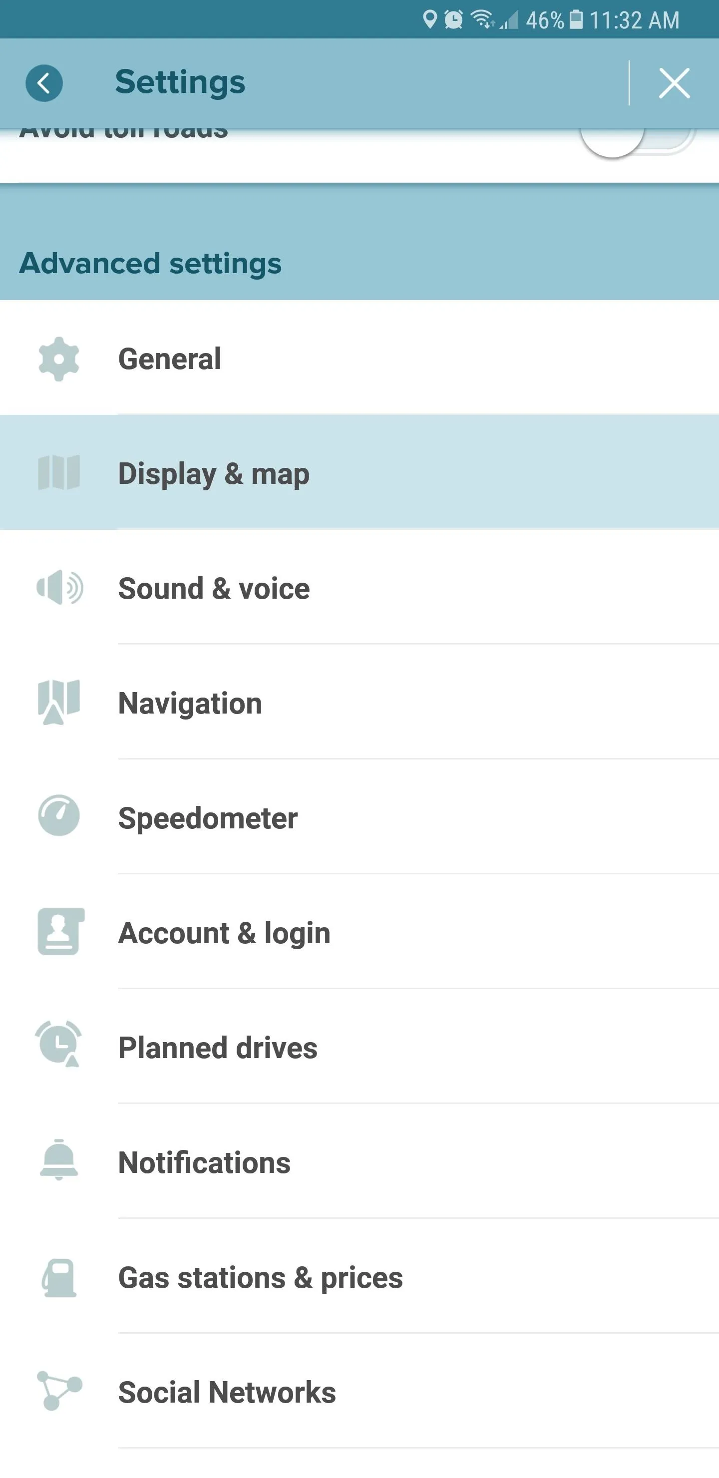 Settings menu options on a mobile device.