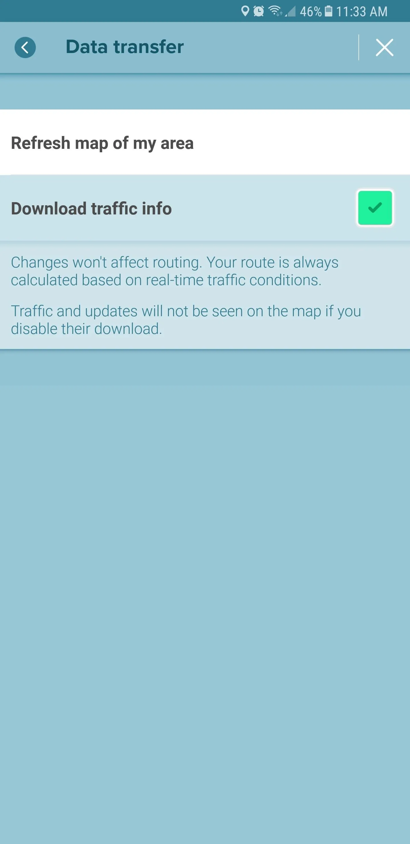 Data transfer settings interface with options for refreshing map and downloading traffic info.