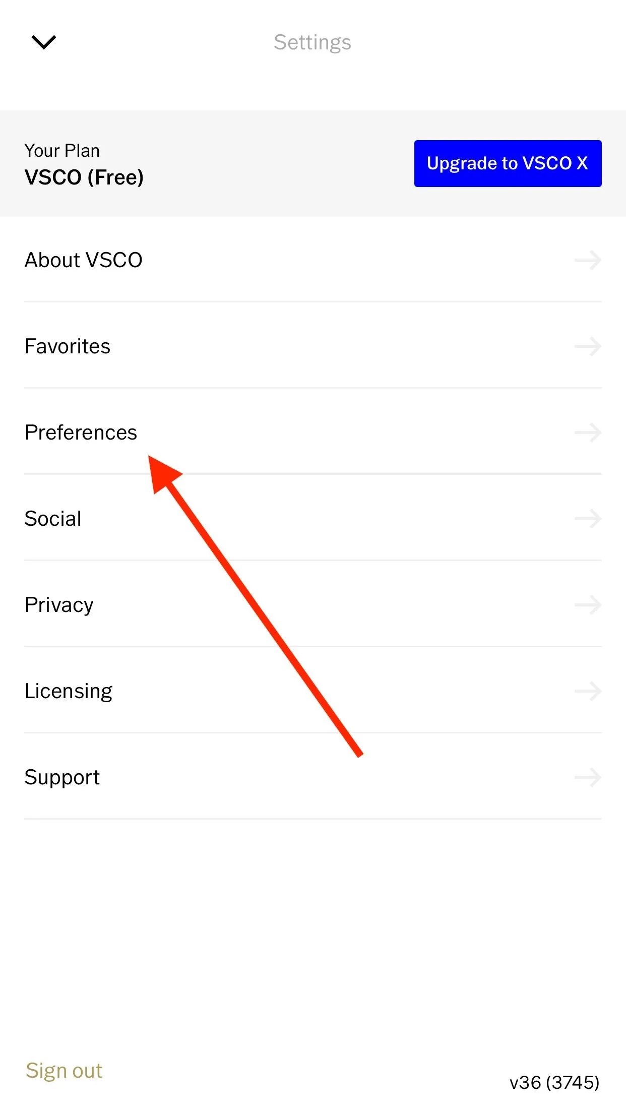 Settings menu with a highlighted option labeled "Preferences."