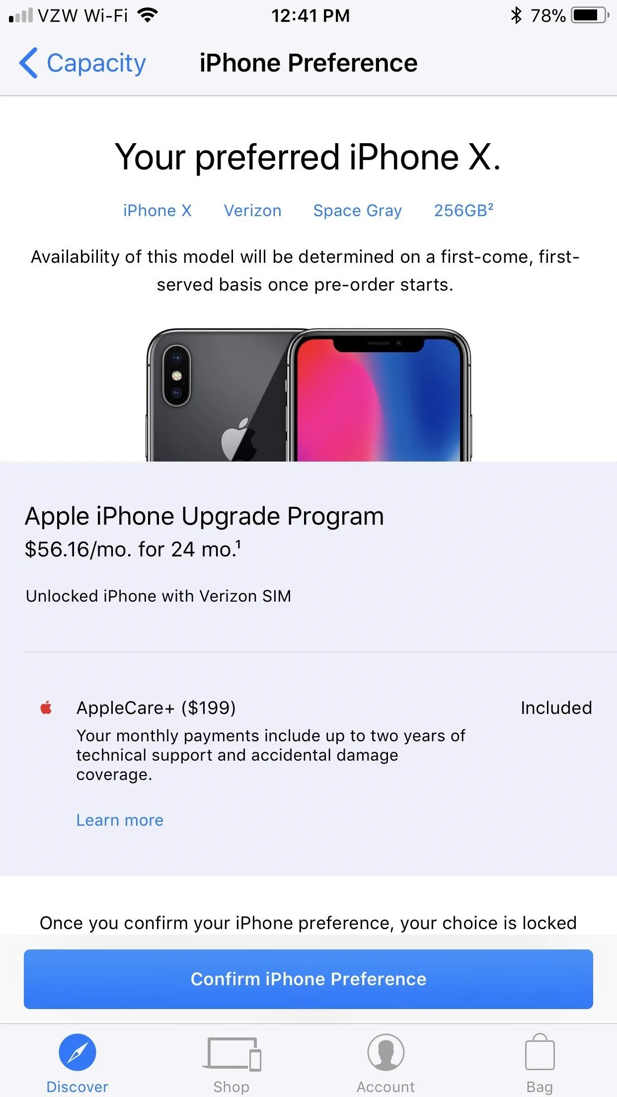 Apple iPhone X settings page with upgrade program details.