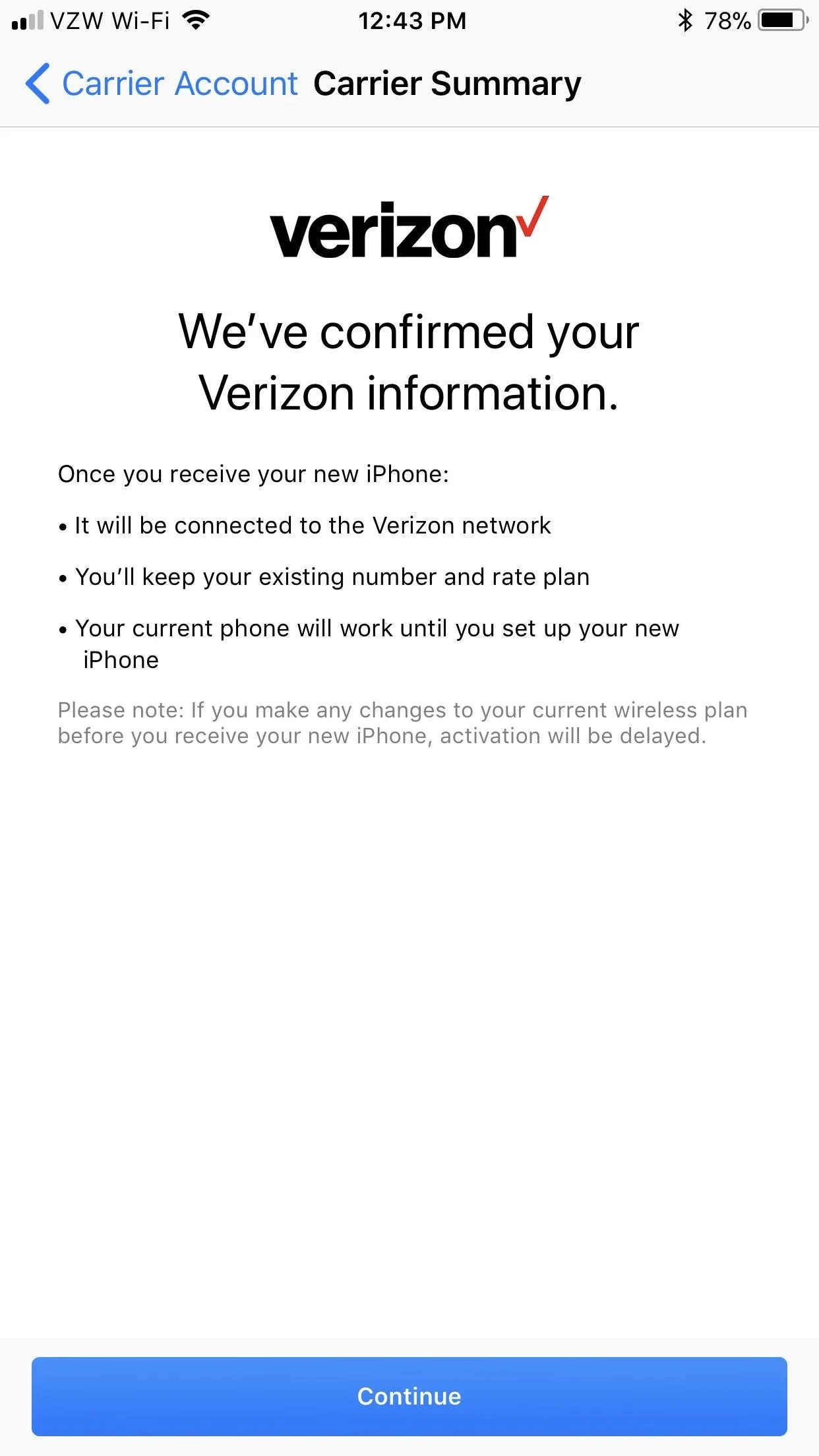 Verizon account summary confirmation screen.