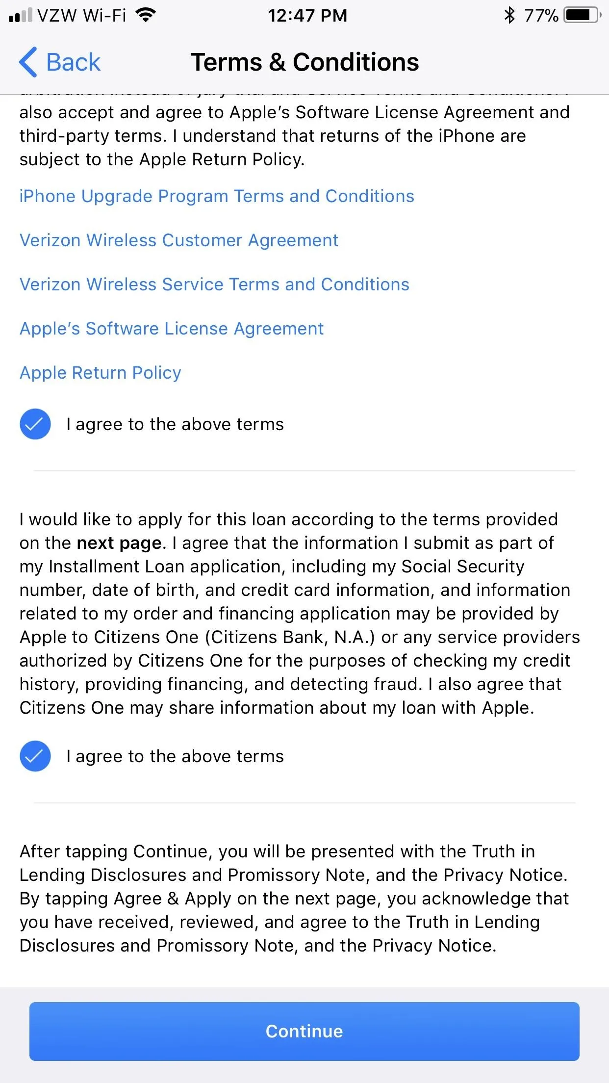 Terms and Conditions Agreement Screen on a Mobile Device