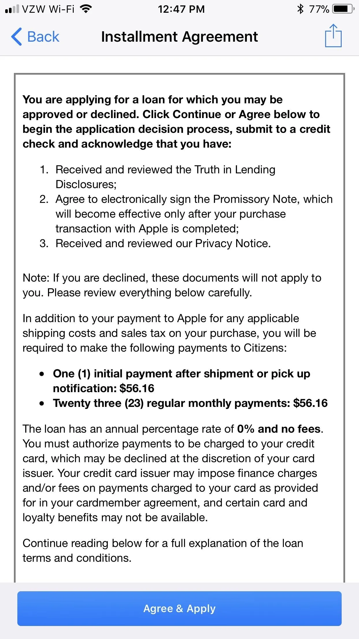 Installation Agreement on a mobile device screen.