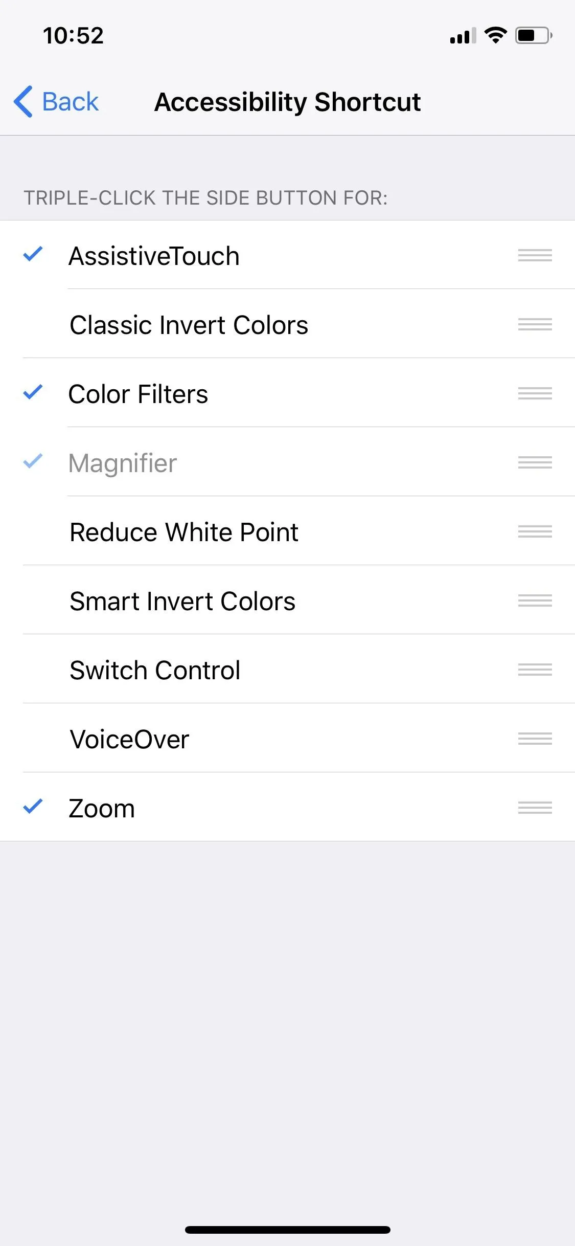 Accessibility overview on a mobile device showing various accessibility options and settings.