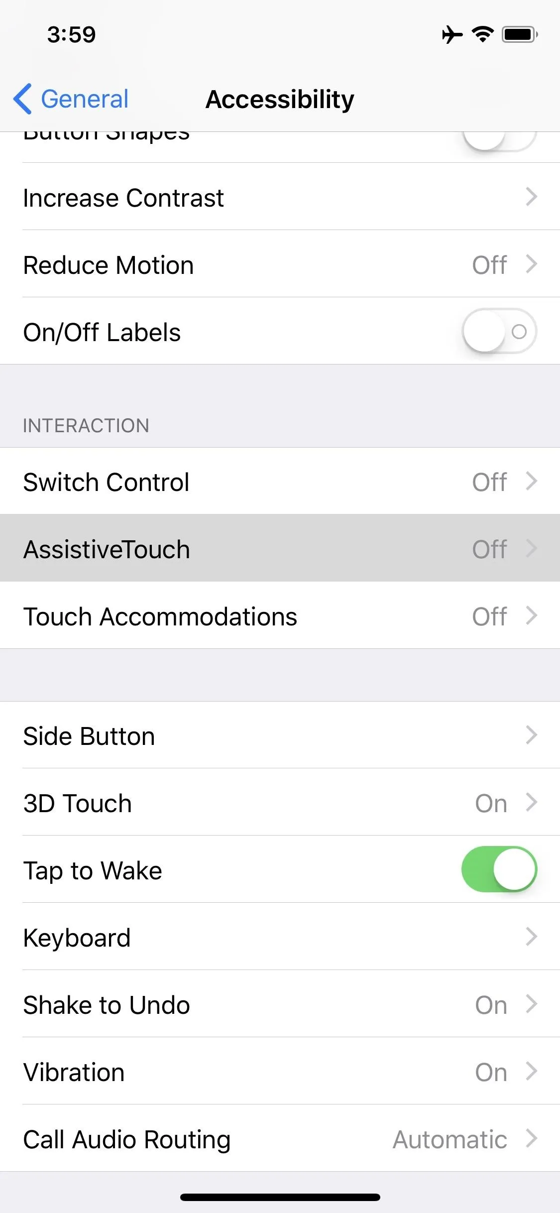 Accessibility settings menu on a mobile device.