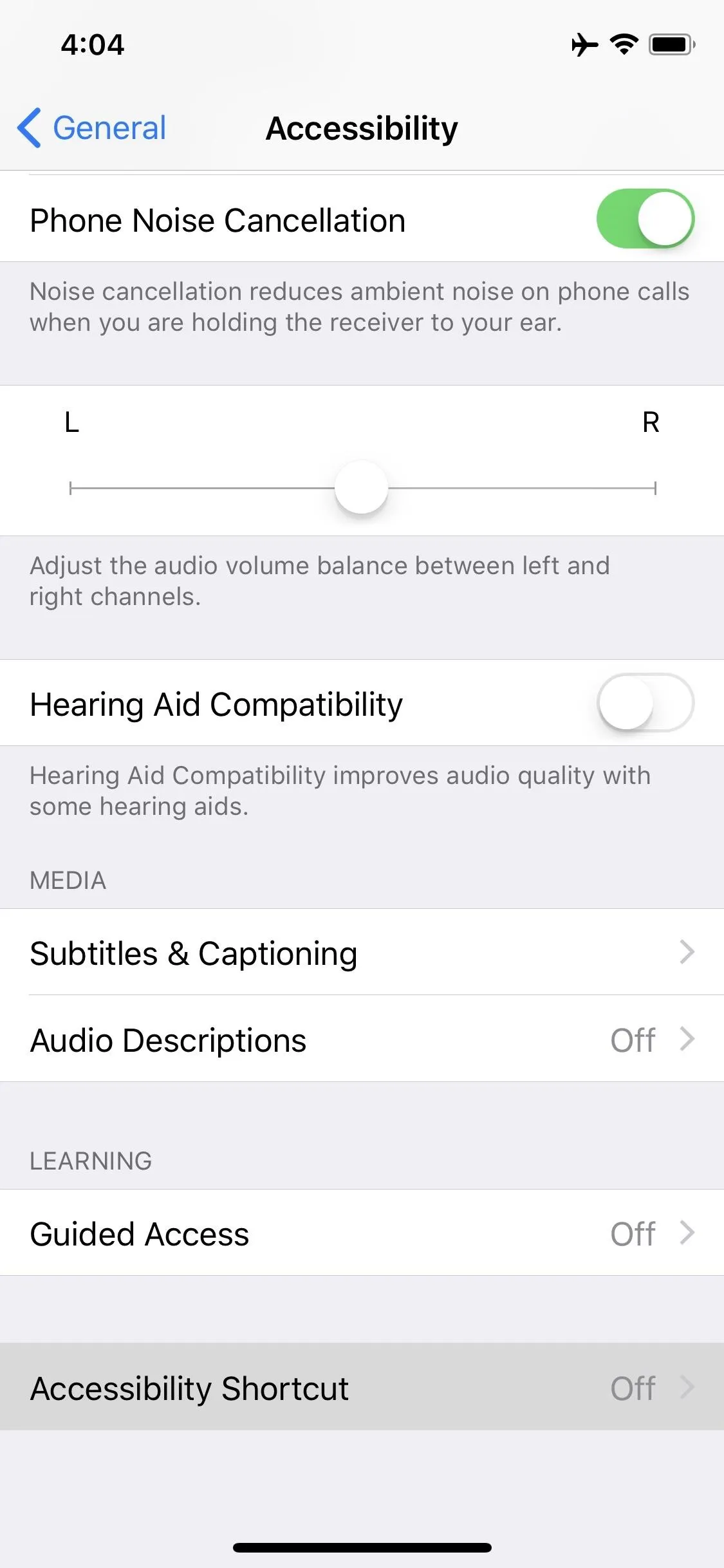 Accessibility settings on a smartphone screen.