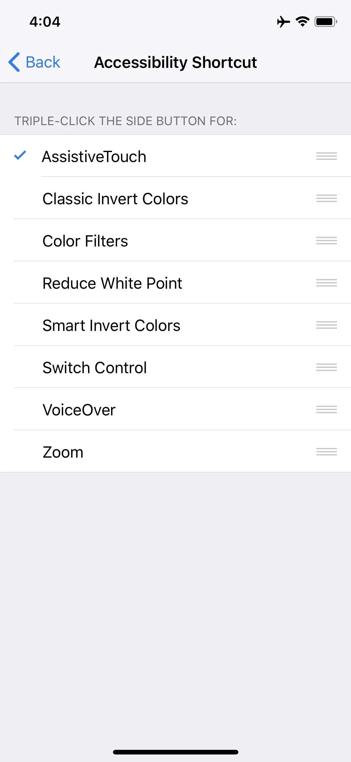 Accessibility settings menu on a mobile device.