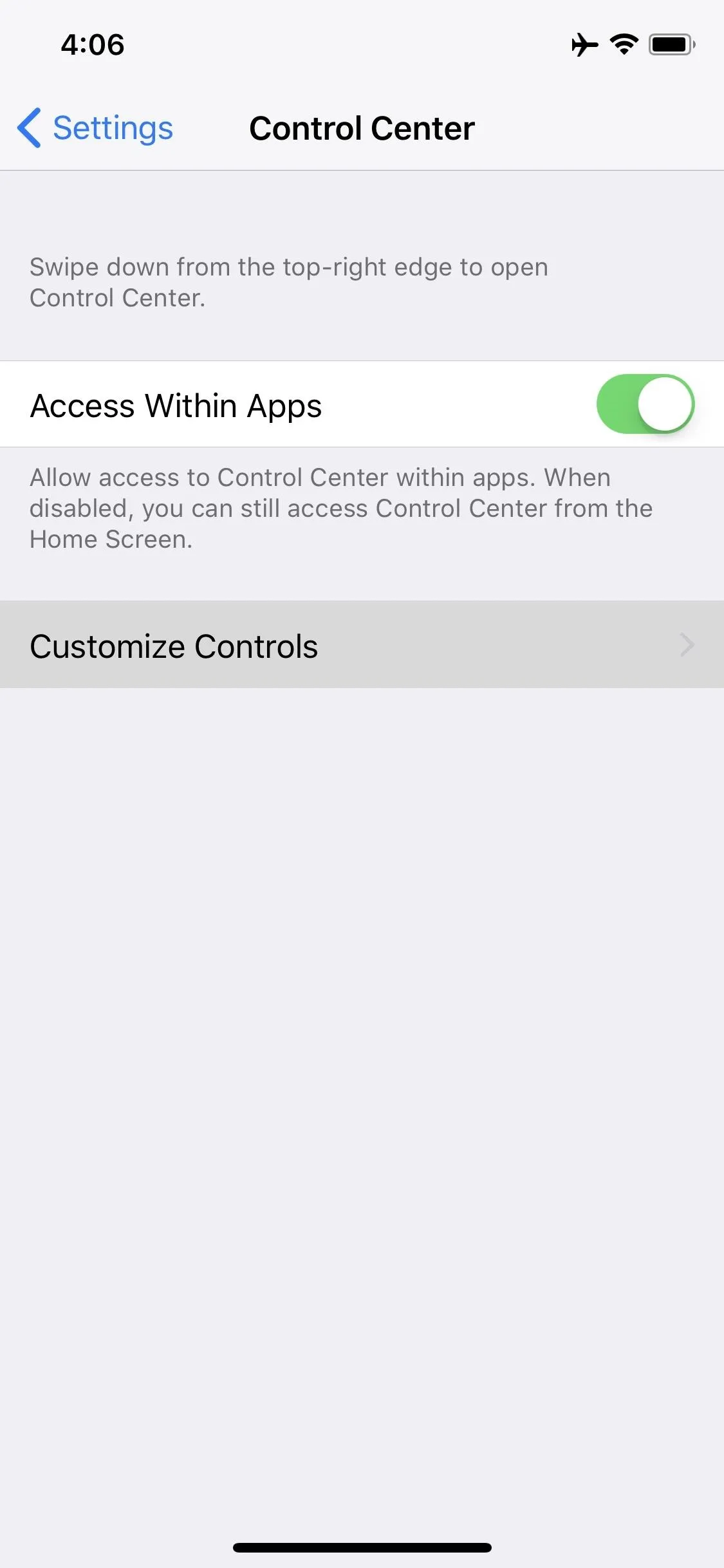 Settings menu for enabling Control Center features on a mobile device.