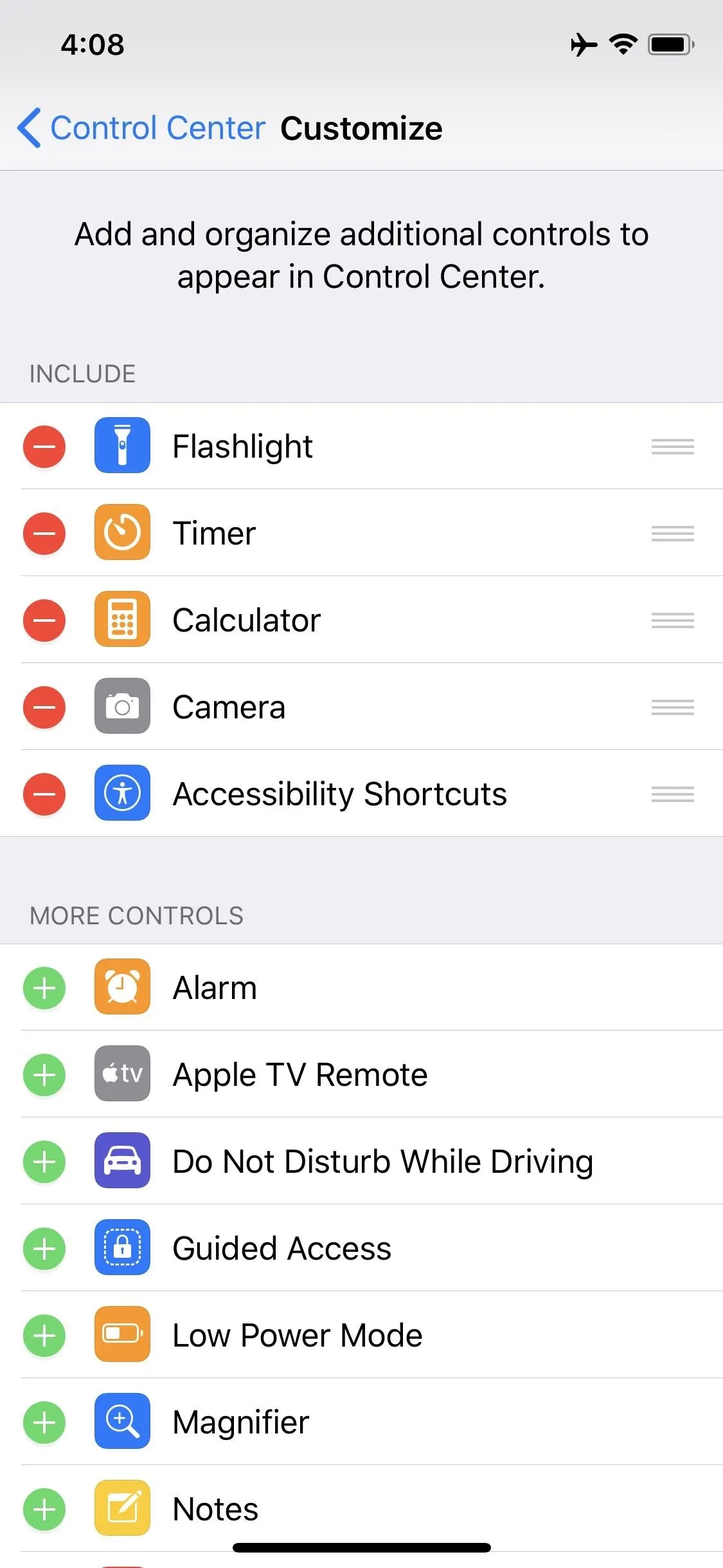 Settings menu displaying options for customizing Control Center on an Apple device.