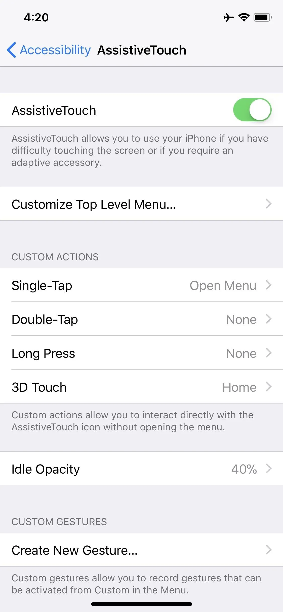 Settings page for accessibility features on a smartphone.