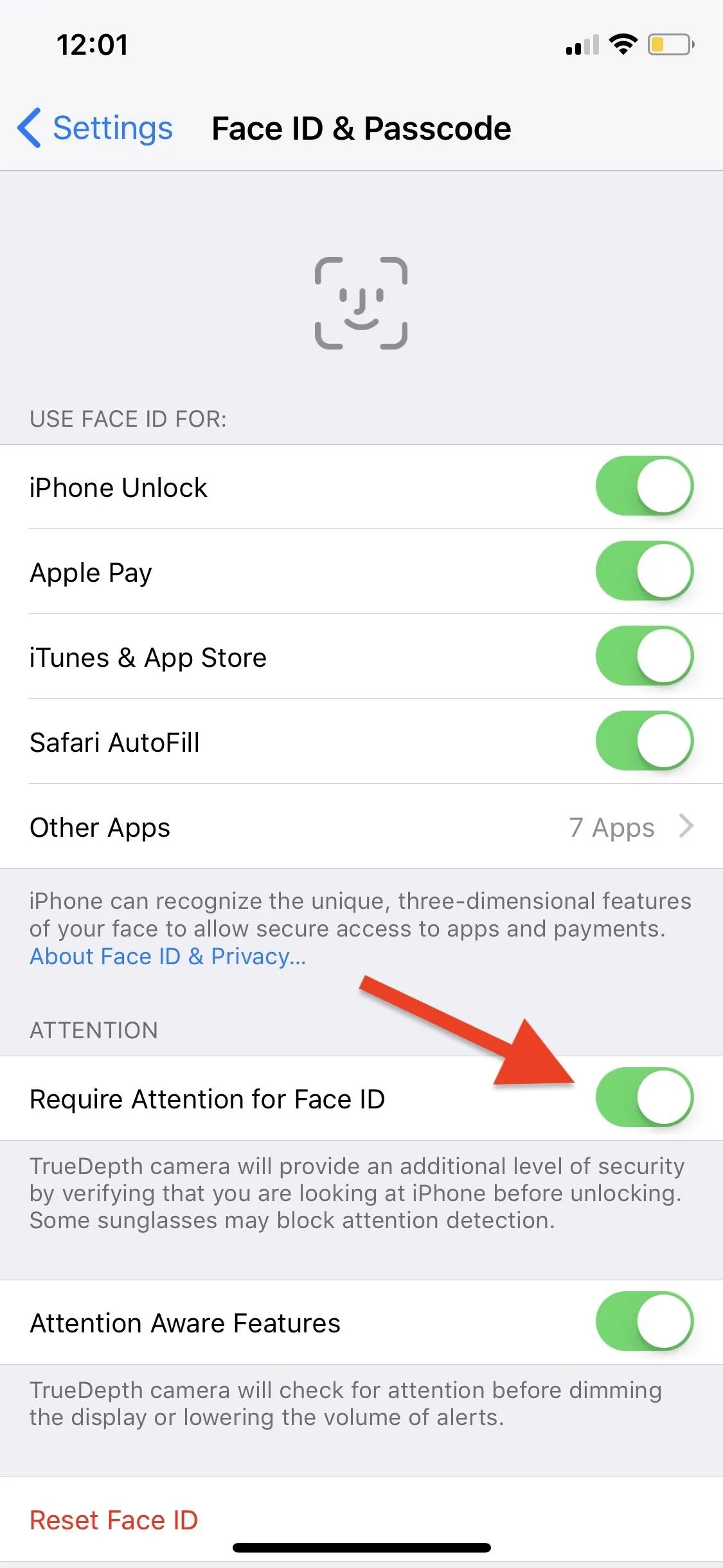 Face ID and Passcode settings on an iPhone.