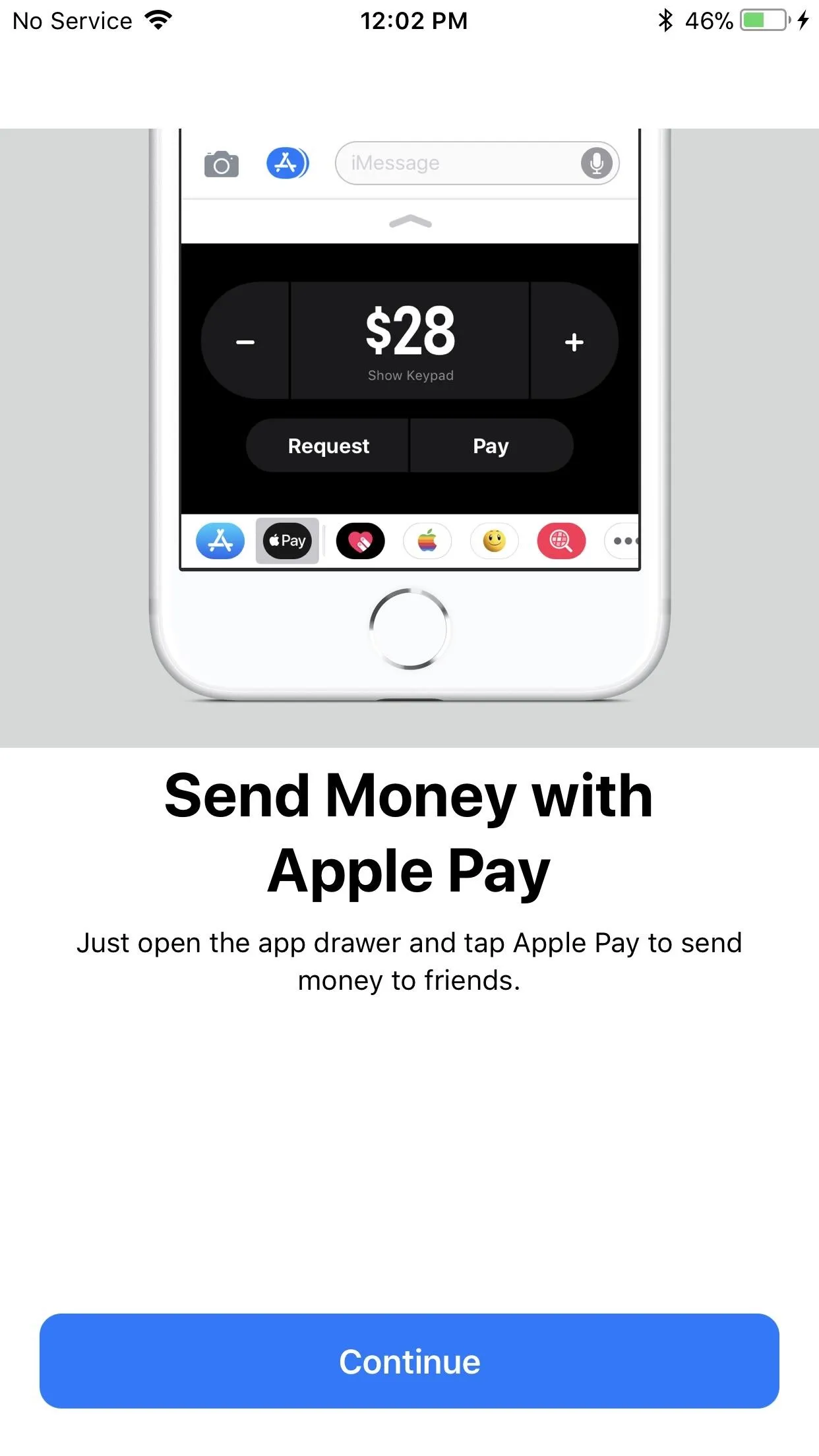 Send Money with Apple Pay interface showing a $2 transaction.