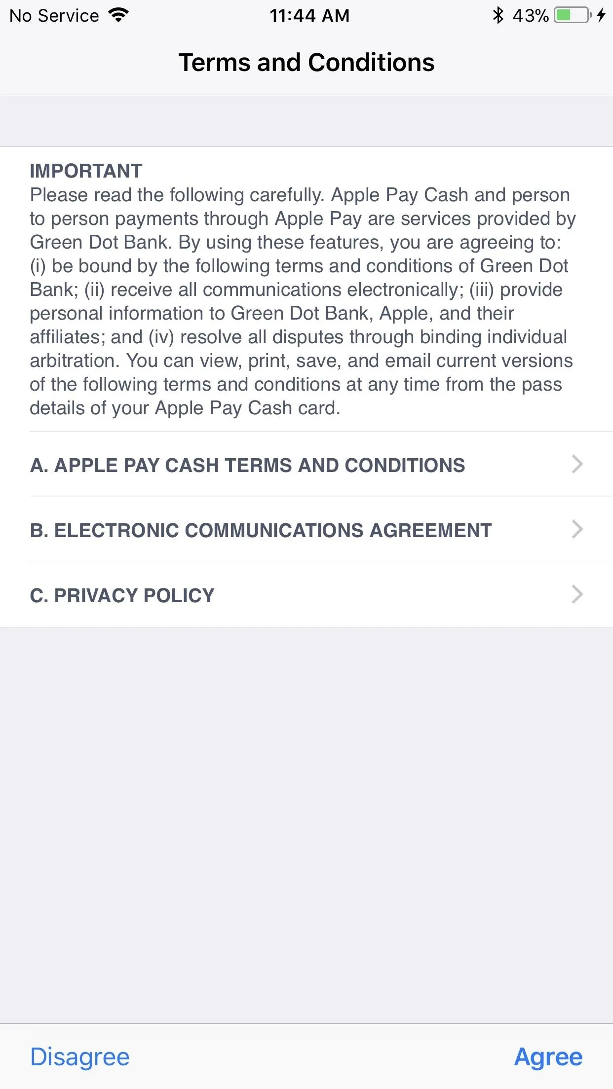 Terms and Conditions screen displayed on a mobile device.