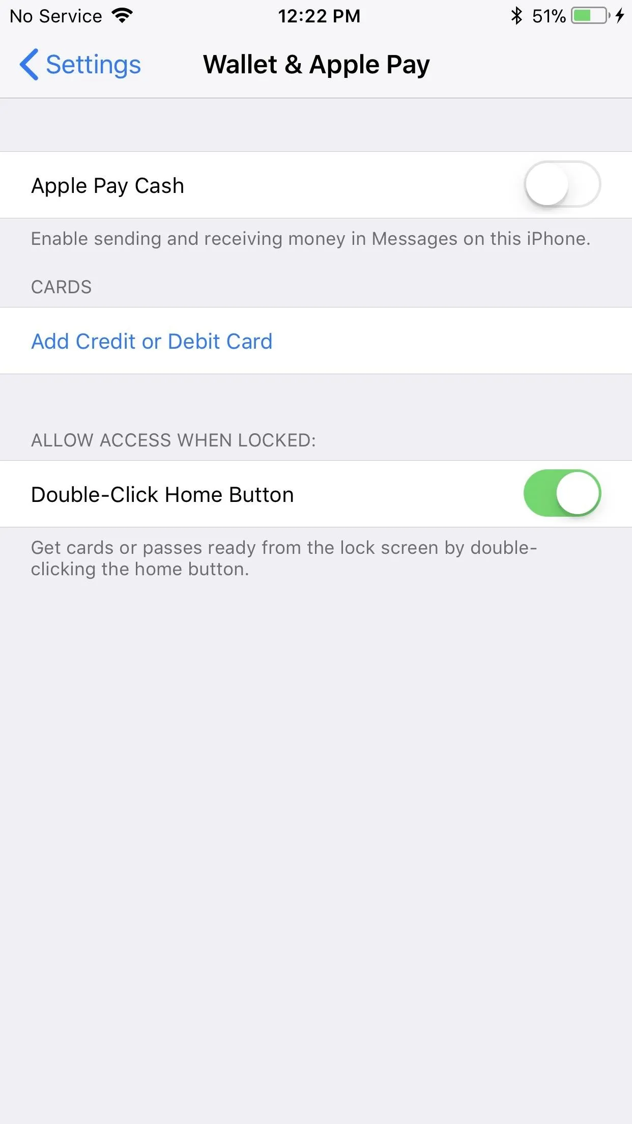 Apple Wallet and Apple Pay settings on an iPhone.