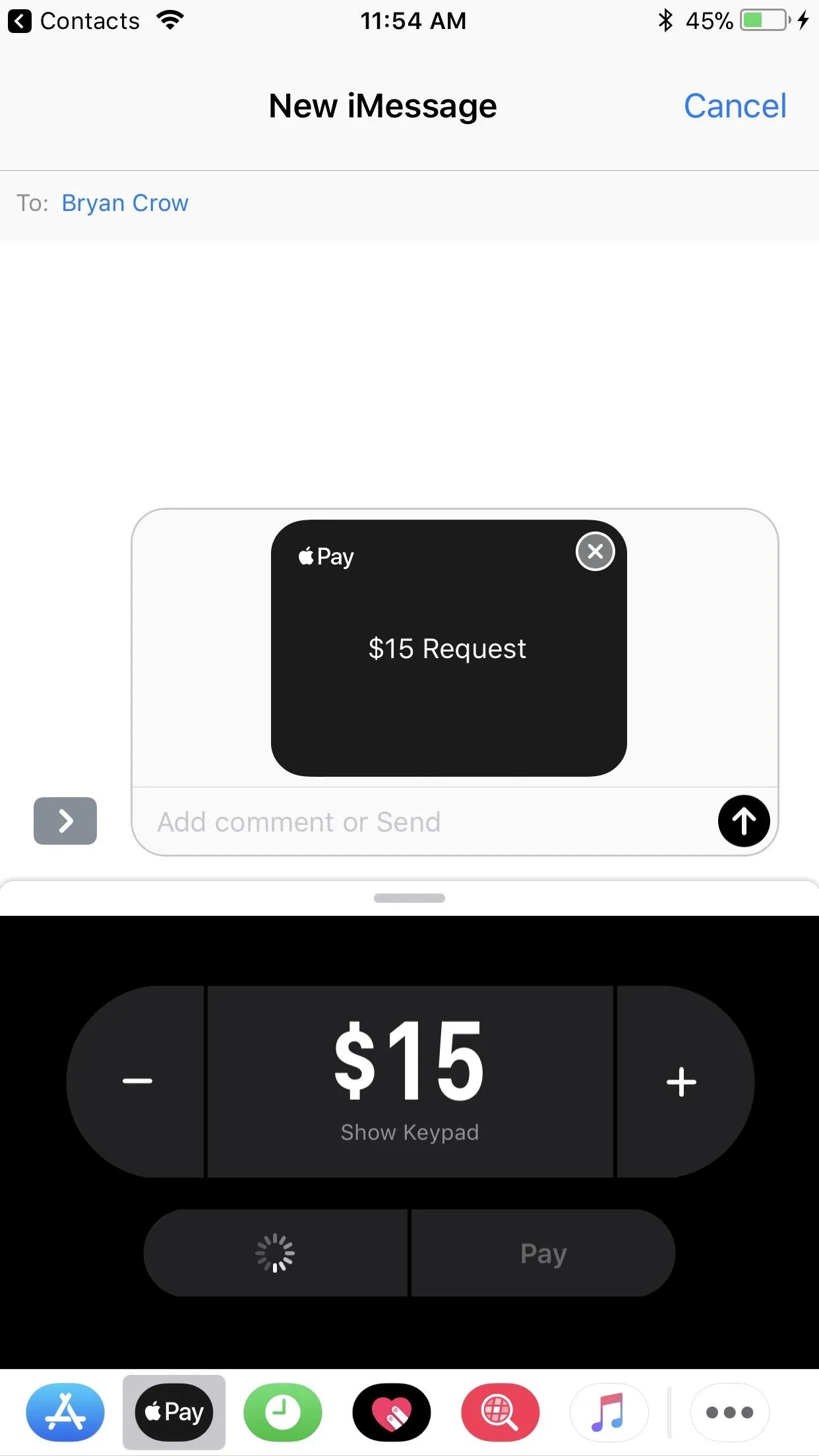 Digital payment interface displaying a $15 transaction.