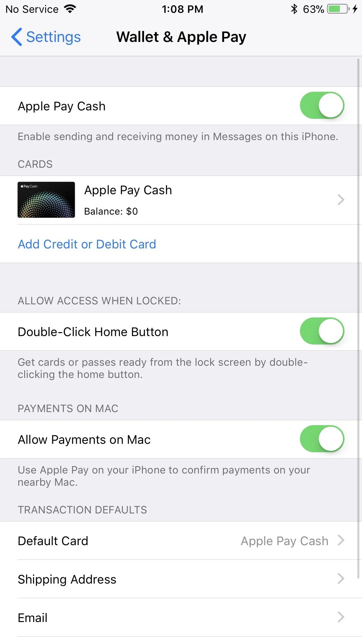 Apple Pay settings on a smartphone, including options for Apple Cash and double-click home button features.